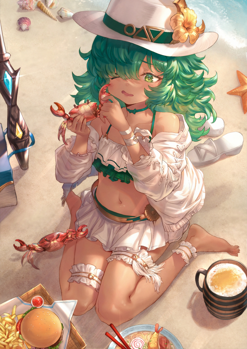 >_o, 1girl, absurdres, barefoot, beach, beer_mug, bikini, burger