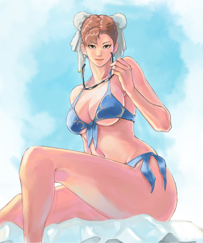 1girl, a_ichiro, bikini, blue_bikini, breasts, brown_eyes, brown_hair, bun_cover, capcom, chun-li, cleavage, covered_erect_nipples, double_bun, unworn_eyewear, feet_out_of_frame, hair_bun, holding, holding_removed_eyewear, large_breasts, looking_at_viewer, navel, sitting, smile, solo, street_fighter, swimsuit
