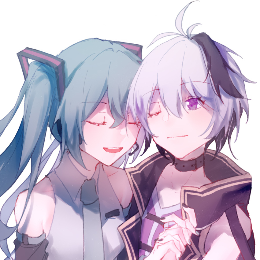 2girls, aqua_hair, aqua_nails, aqua_necktie, bare_shoulders, belt_collar, black_jacket, black_nails