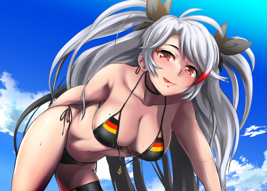 1girl, :p, absurdres, antenna_hair, arm_behind_back, azur_lane, bare_shoulders, bikini
