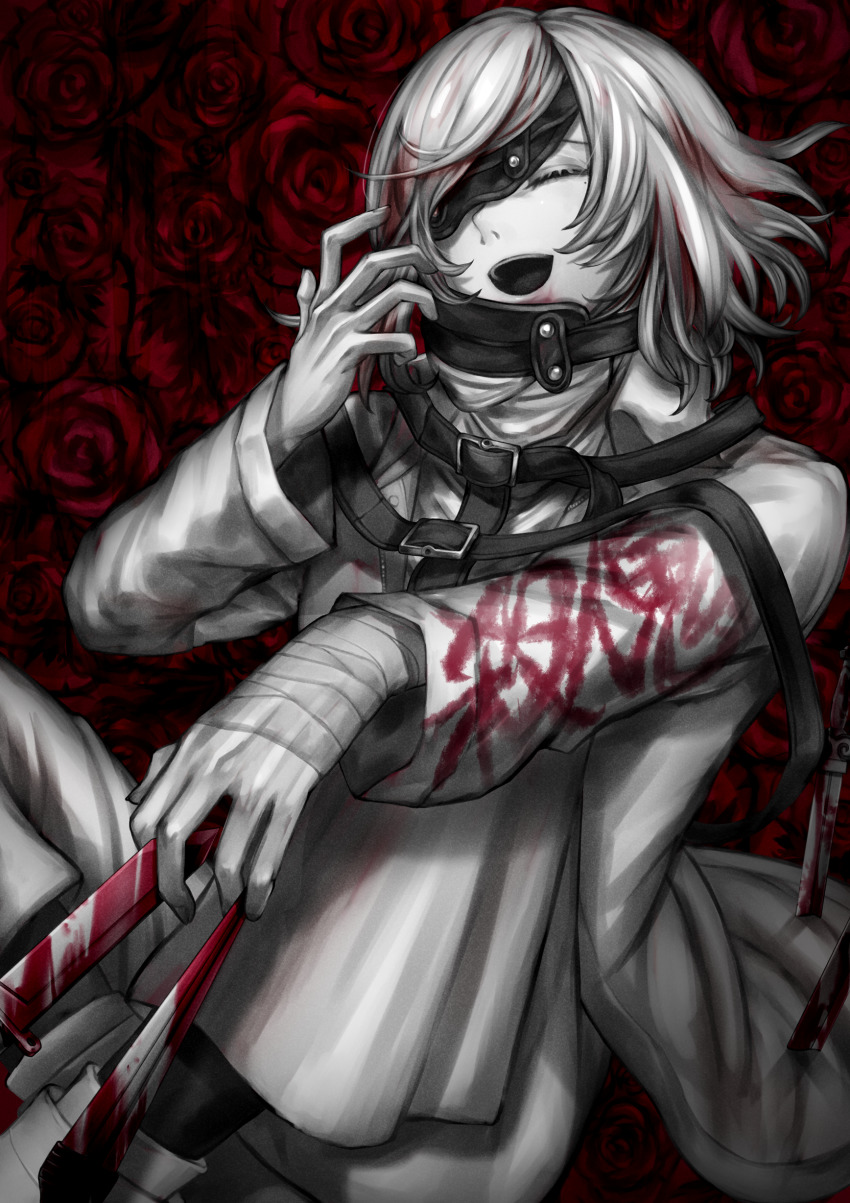 1boy, absurdres, akudama_drive, arm_wrap, bandages, bandaged_hand, blood, blood_on_face