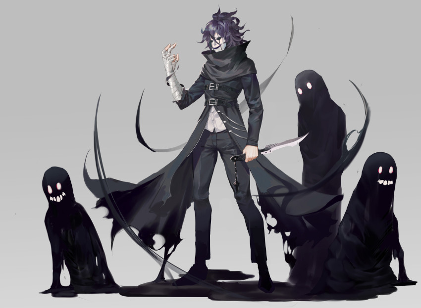 1boy, absurdres, bandaged_arm, bandaged_hand, bandages, belt_buckle, black_coat, buckle