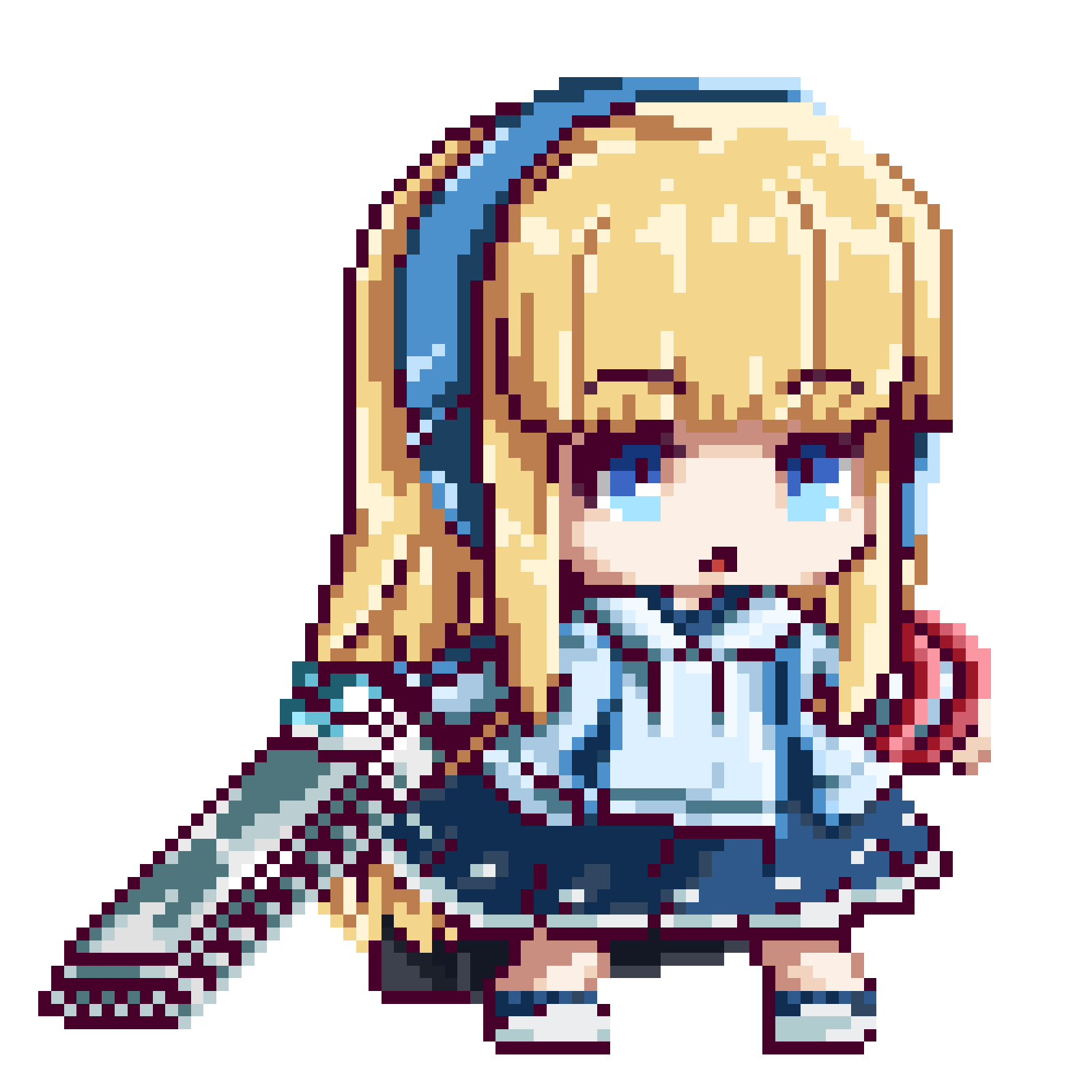 1girl, blonde_hair, blue_eyes, blue_hairband, blue_skirt, blunt_bangs, daidou_(yuyu_nerica), freedom_wars, hairband, highres, holding, holding_weapon, long_hair, medibang_paint_(medium), open_mouth, pixel_art, simple_background, skirt, solo, standing, weapon, white_background