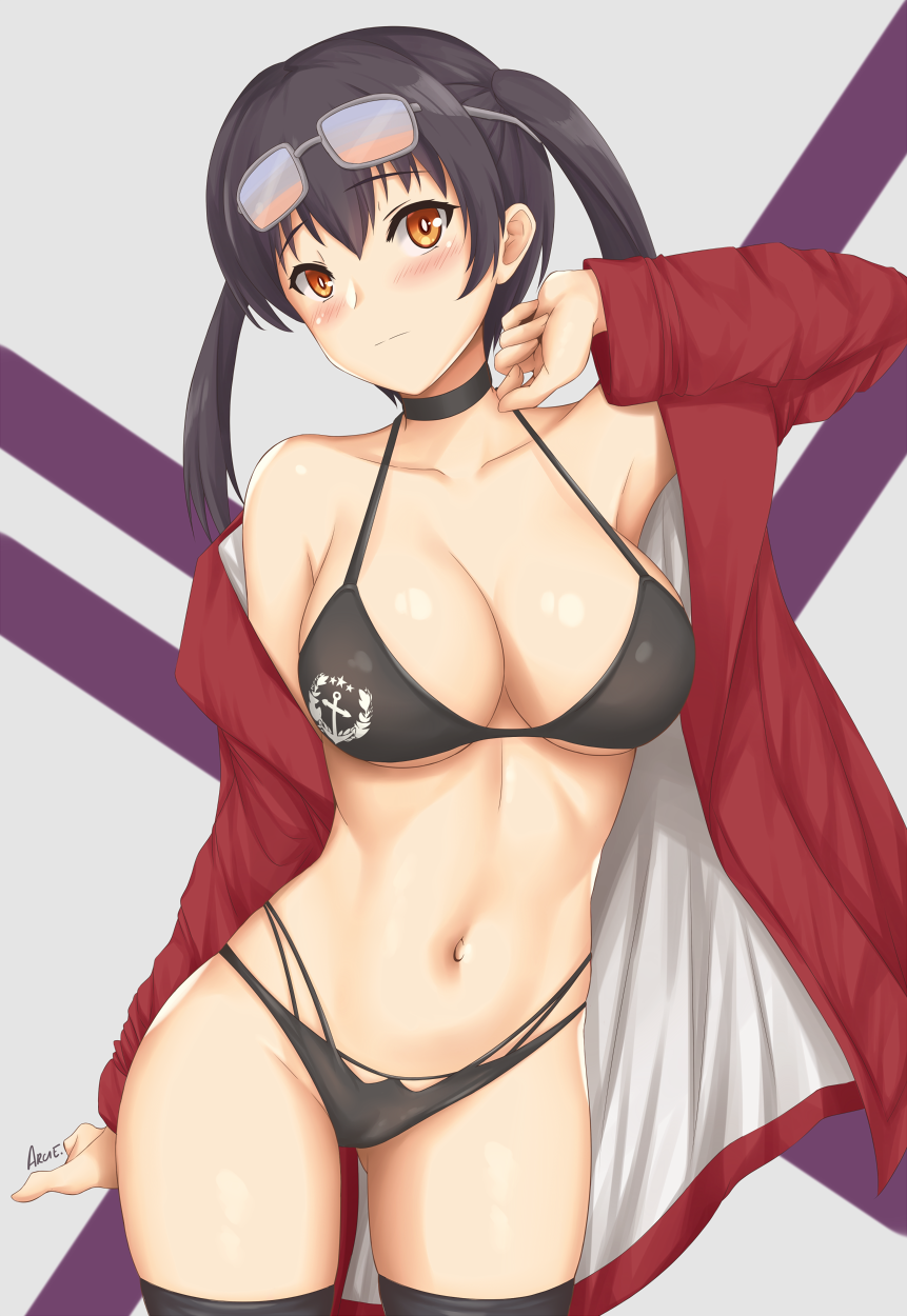 1girl, arcie_albano, armpits, azur_lane, bare_shoulders, bikini, black_bikini, black_choker