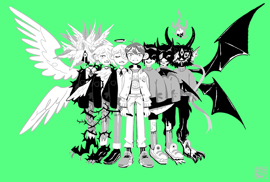1boy, angel, angel_and_devil, angel_wings, antenna_hair, bandaid, bandaid_on_leg, branch, closed_mouth, crying, demon_boy, disembodied_head, dripping, earrings, closed_eyes, fire, green_background, green_theme, greyscale, hair_between_eyes, hair_over_one_eye, halo, holding, holding_knife, holding_weapon, horns, jacket, jewelry, karen_kuo, knife, male_focus, monochrome, multiple_wings, no_mouth, open_mouth, original, pointy_ears, shoes, signature, simple_background, smile, sneakers, socks, standing, sweat, talons, tears, third_eye, thorns, tongue, tongue_out, weapon, wide-eyed, wings