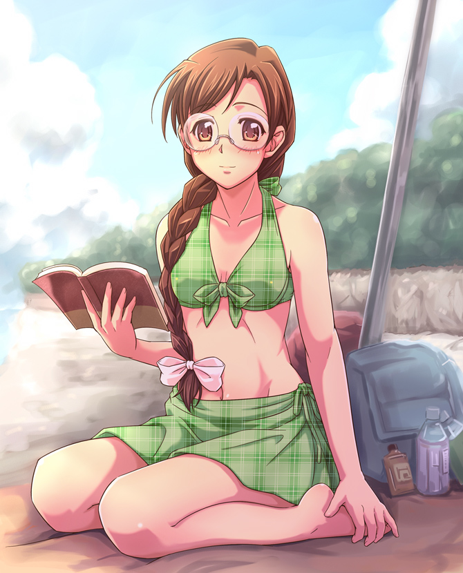 barefoot, beach, bikini, bikini_top_only, book, bow, braid, brown_eyes