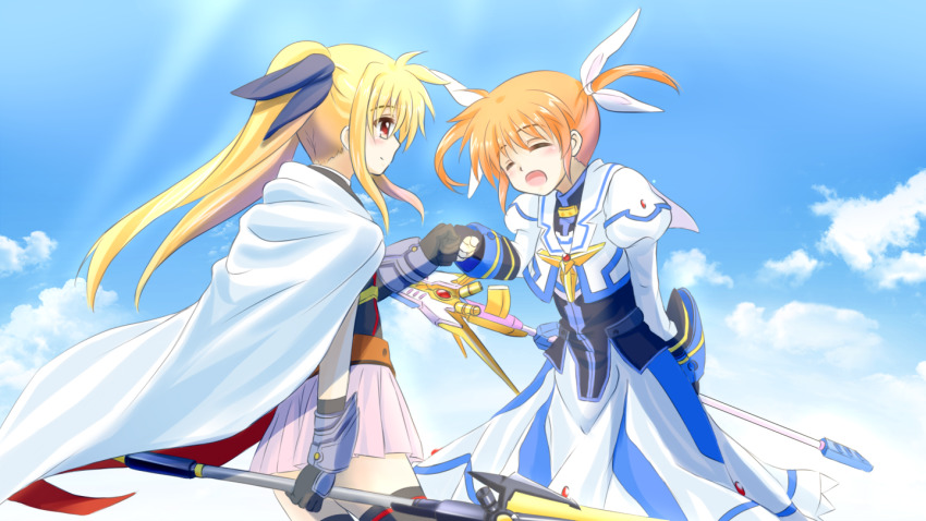 2girls, bardiche_(nanoha), bardiche_(zanber_form)_(nanoha), blonde_hair, closed_eyes, cloud, cloudy_sky, couple