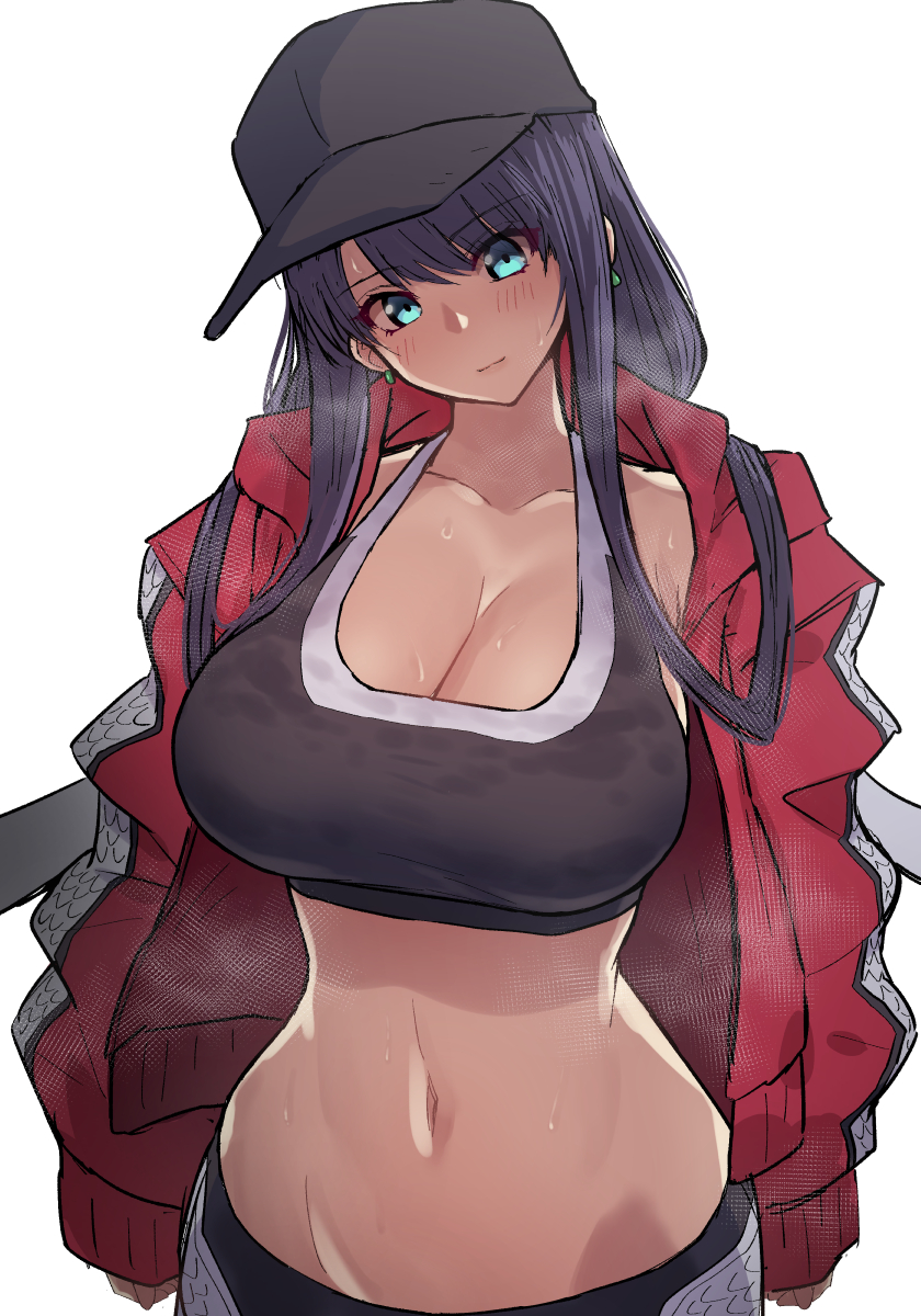1girl, baseball_cap, black_bra, black_hat, blue_eyes, bra, breasts, cleavage, collarbone, earrings, fate/grand_order, fate_(series), female_focus, hat, highres, hood, hoodie, jacket, jewelry, large_breasts, light_blush, long_hair, long_sleeves, looking_at_viewer, martha_(fate), martha_(swimsuit_ruler)_(fate), martha_(under_the_same_sky)_(fate), midriff, navel, pononozo, purple_hair, red_hoodie, red_jacket, solo, sports_bra, sweat, sweaty_clothes, under_the_same_sky, underwear, wide_hips