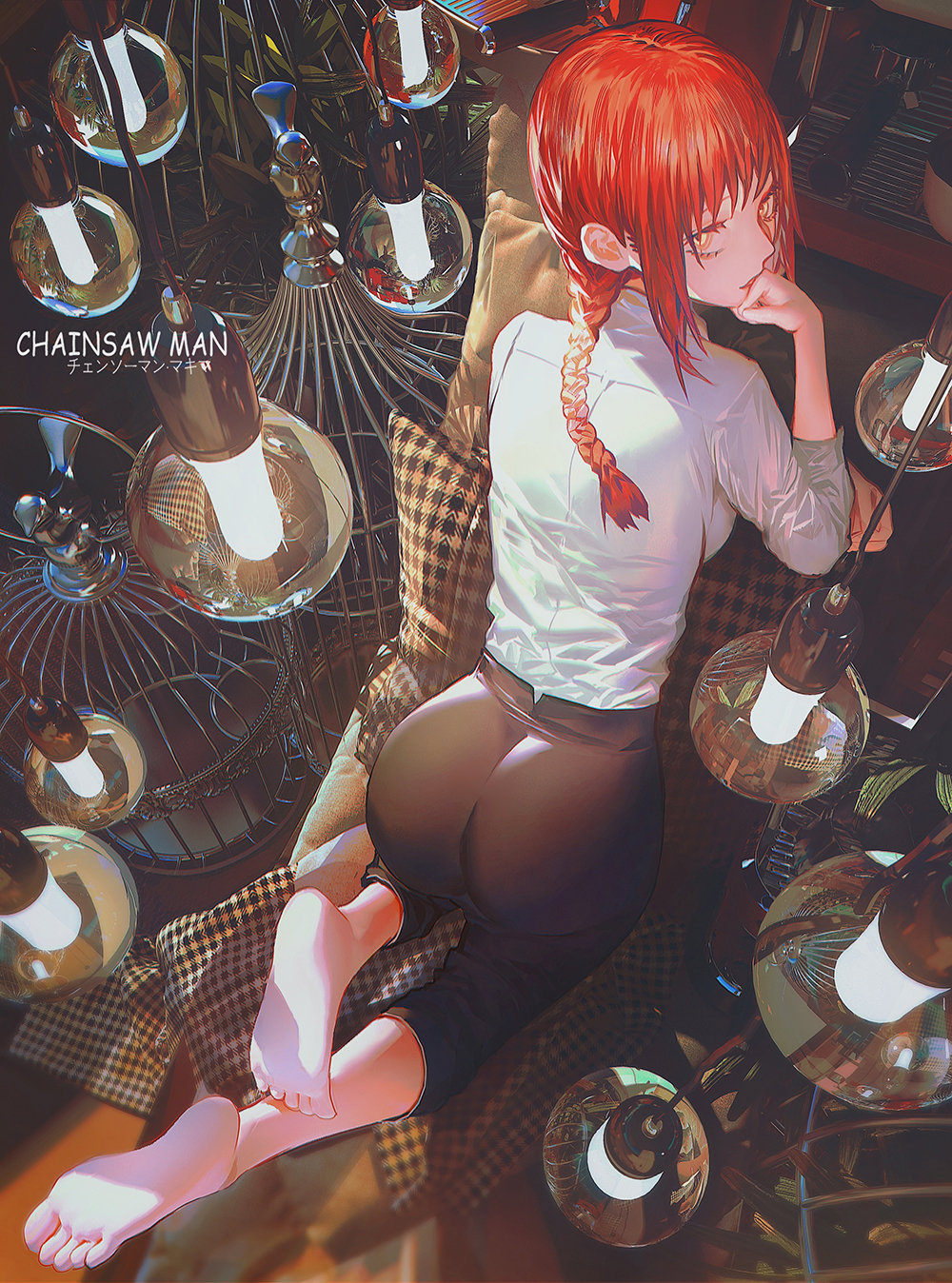 1girl, ass, barefoot, birdcage, braid, breasts, cage, chainsaw_man