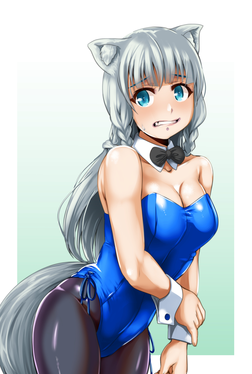 1girl, absurdres, animal_ears, black_bow, black_bowtie, black_pantyhose, blue_eyes, blue_leotard, bow, bowtie, breasts, clenched_teeth, cowboy_shot, detached_collar, gradient_background, hataage!_kemono_michi, highres, large_breasts, leotard, long_hair, looking_at_viewer, nontraditional_playboy_bunny, pantyhose, playboy_bunny, shigure_(kemonomichi), silver_hair, solo, strapless, strapless_leotard, tail, teeth, wolf_ears, wolf_girl, wolf_tail, wrist_cuffs, yequo_(trample_rigger)