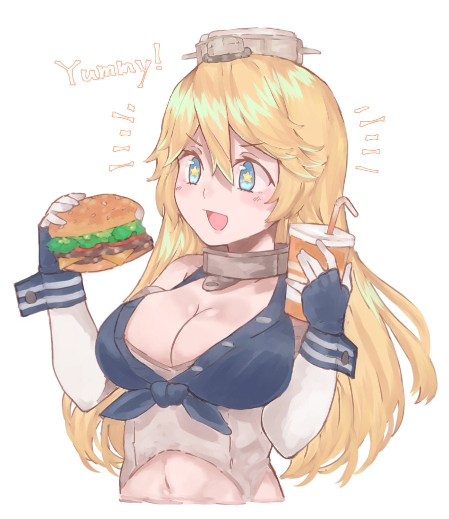 1girl, azumaya_toride, black_gloves, blonde_hair, blue_eyes, breasts, burger, cleavage
