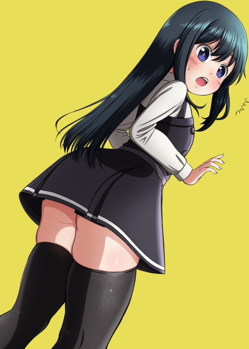 1girl, ^^^, asashio_(kancolle), asashio_kai_ni_(kancolle), ass, black_hair, black_thighhighs, blue_eyes