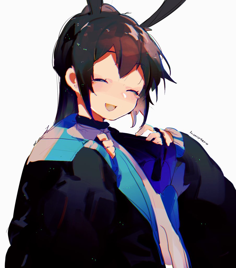 amiya_(arknights), animal_ears, arknights, black_jacket, blush, closed_eyes, happy, jacket