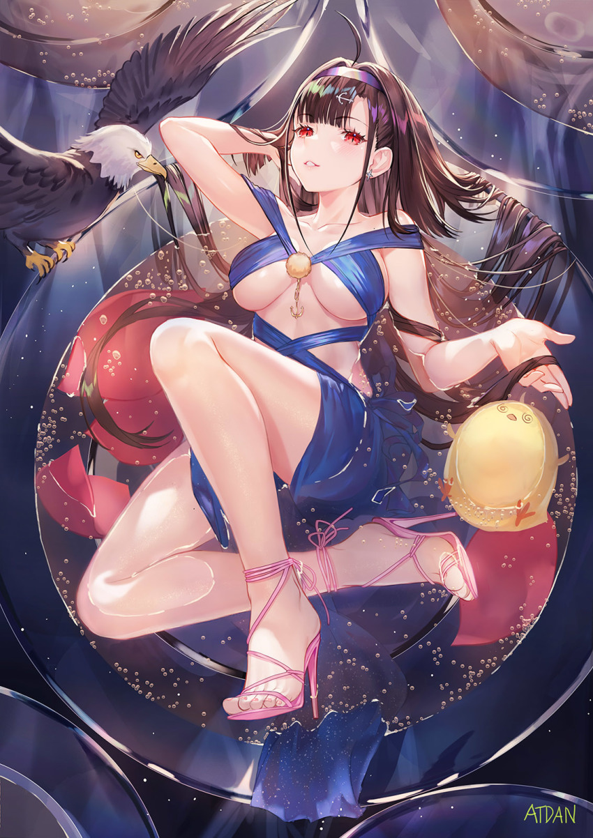 1girl, ahoge, arm_up, atdan, azur_lane, baby_animal, bare_legs, bare_shoulders, bird, black_hair, blue_dress, breasts, chick, collarbone, dress, eagle, earrings, feet, hair_ornament, hairband, high_heels, highres, independence_(azur_lane), independence_(the_independent_line)_(azur_lane), jewelry, large_breasts, long_hair, looking_at_viewer, manjuu_(azur_lane), parted_lips, red_eyes, revealing_clothes, sandals, sleeveless, sleeveless_dress, solo, thighs, water