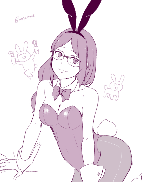 1girl, animal_ears, ass, bare_shoulders, breasts, cleavage, fake_animal_ears, glasses, little_witch_academia, long_hair, looking_at_viewer, medium_breasts, namaashi_(moi_taoru), pantyhose, playboy_bunny, rabbit_ears, rabbit_tail, smile, solo, tail, ursula_callistis