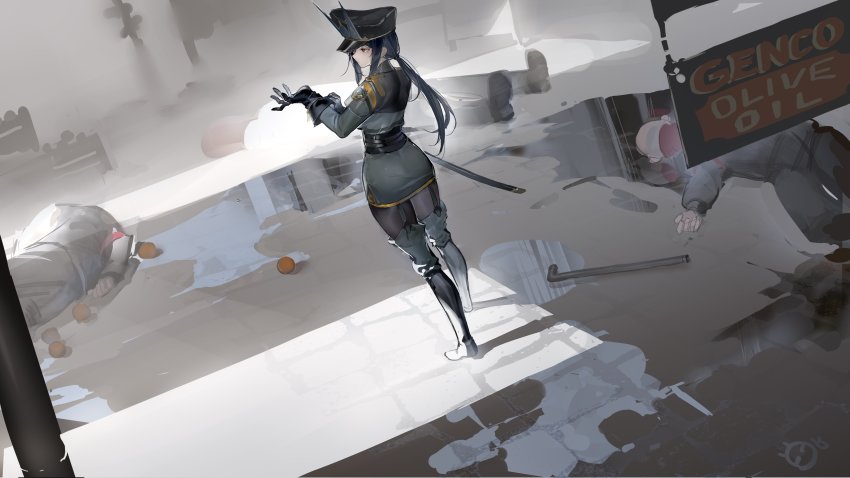 1girl, 3boys, absurdres, adjusting_clothes, adjusting_gloves, arknights, black_footwear, black_gloves