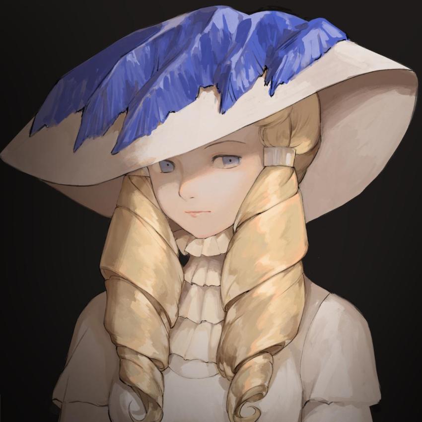 1girl, big_hair, blonde_hair, blue_eyes, closed_mouth, dianna_soreil, dress, drill_hair, gundam, hair_tubes, hat, kyotyan, long_hair, looking_to_the_side, portrait, simple_background, solo, turn_a_gundam, white_dress