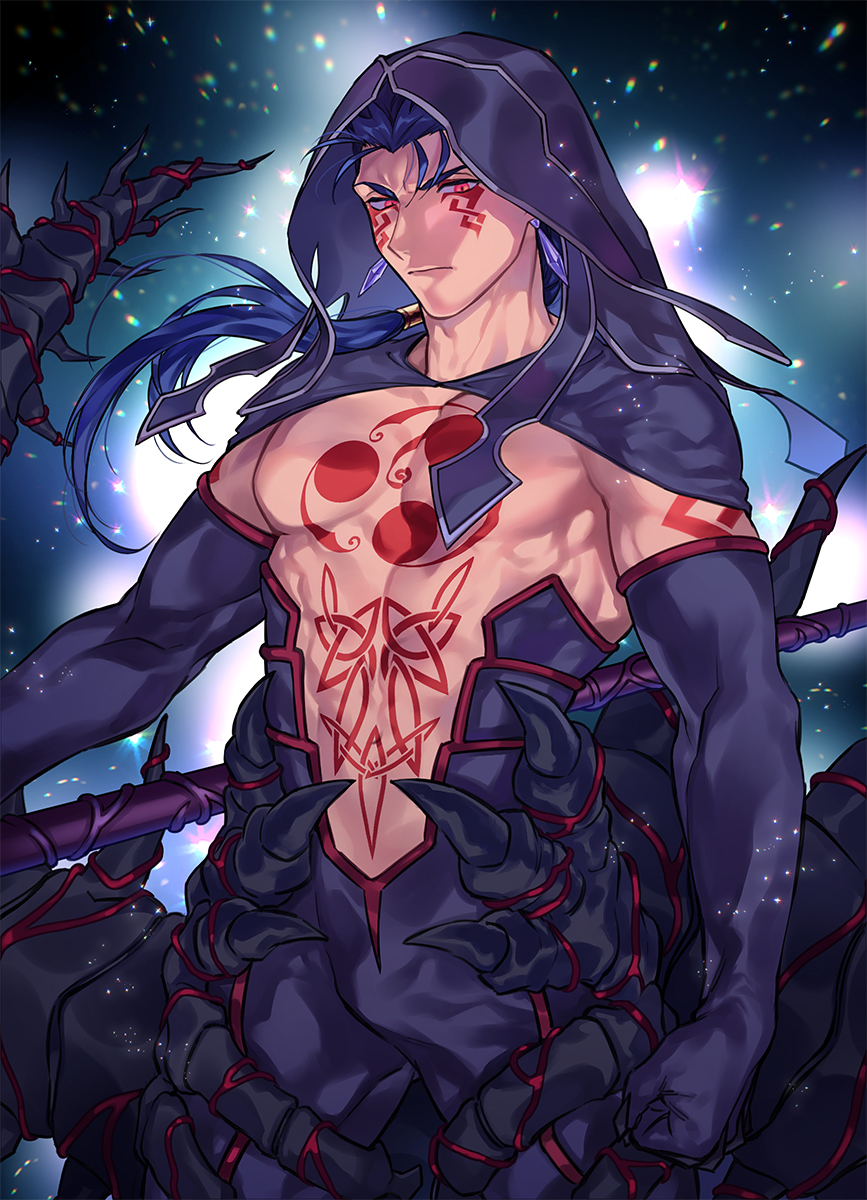 1boy, abs, bare_pectorals, blue_hair, bulge, chest_tattoo, cowboy_shot, cu_chulainn_(fate)