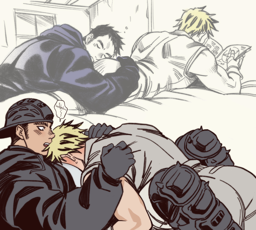 2boys, aikawa_(dorohedoro), ass, backwards_hat, bad_id, bad_twitter_id, bara, between_pecs