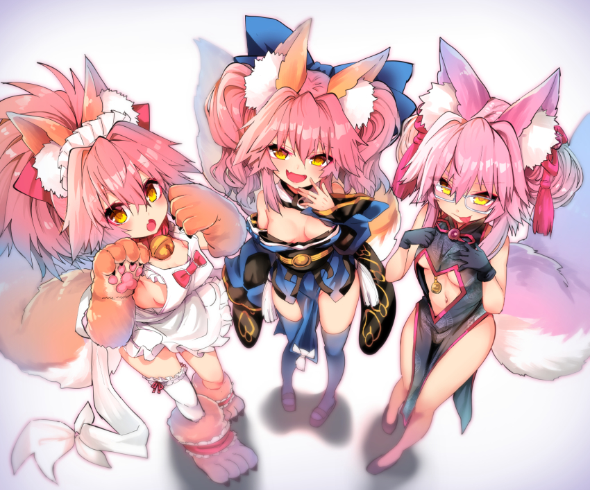 3girls, aged_down, animal_ear_fluff, animal_ears, animal_hands, apron, bare_shoulders, bell
