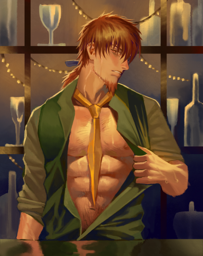 1boy, abs, absurdres, bad_id, bad_pixiv_id, bara, bare_pectorals, bartender, between_pectorals, body_hair, brown_eyes, brown_hair, collared_shirt, facial_hair, fate/grand_order, fate_(series), goatee, hairy, hector_(bar-troia)_(fate), hector_(fate), highres, large_pectorals, long_hair, male_focus, muscular, navel, navel_hair, nipples, open_clothes, open_shirt, pectorals, ponytail, r_suka, shirt, sleeves_rolled_up, solo, sweat, undressing, upper_body
