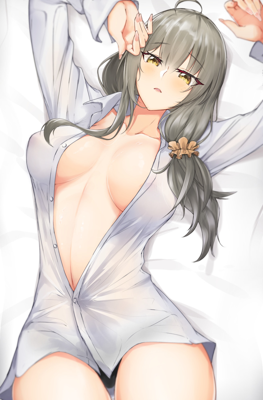 1girl, absurdres, bad_id, bad_pixiv_id, bed, black_panties, blush, breasts, collarbone, girls'_frontline, grey_hair, hands_up, helianthus_(girls'_frontline), highres, large_breasts, long_hair, looking_at_viewer, lying, nail_polish, no_bra, on_back, open_clothes, open_mouth, open_shirt, panties, saett, shirt, simple_background, solo, underwear, white_shirt, yellow_eyes