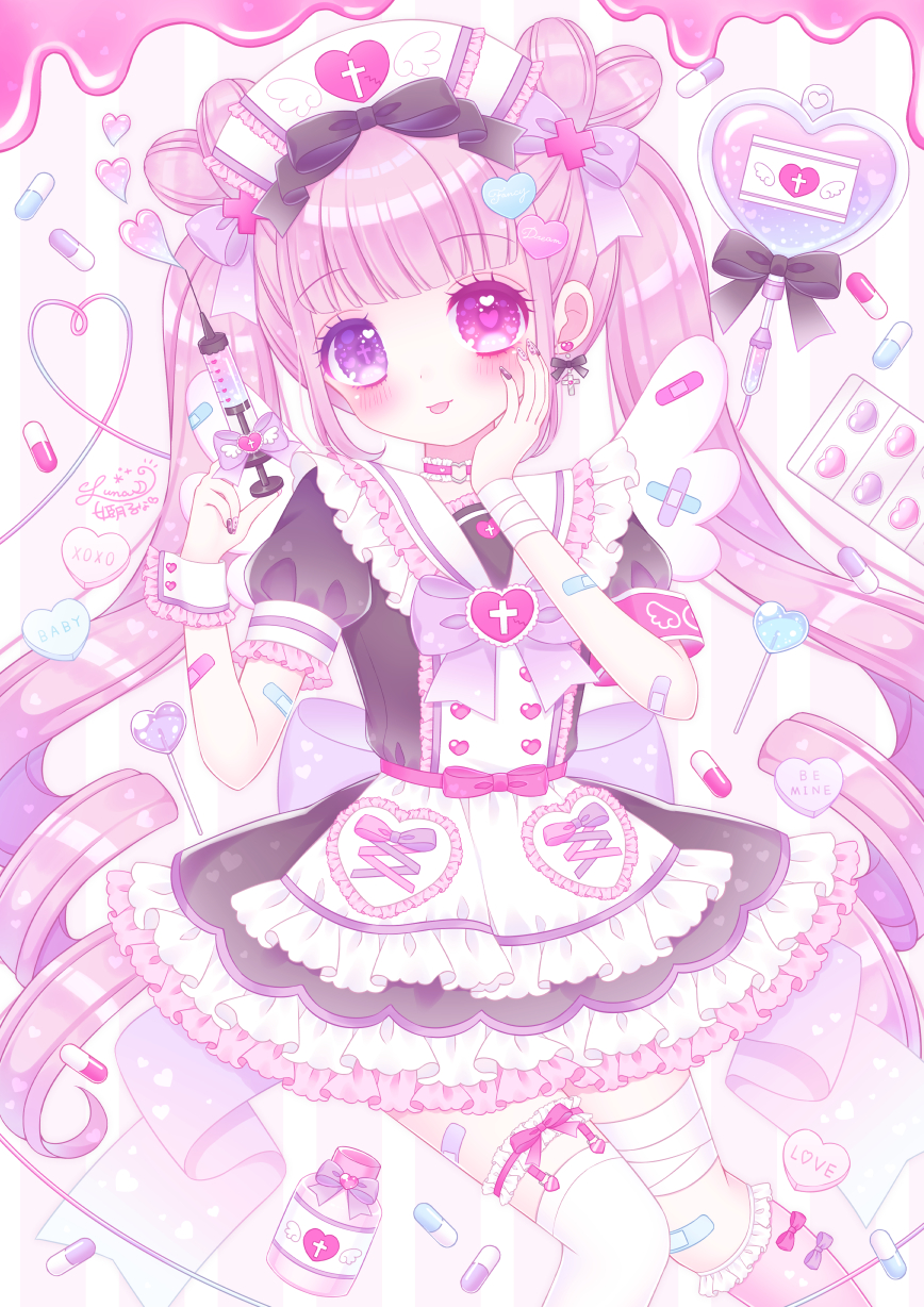 +_+, 1girl, :p, apron, armband, bandaged_arm, bandaged_leg, bandages