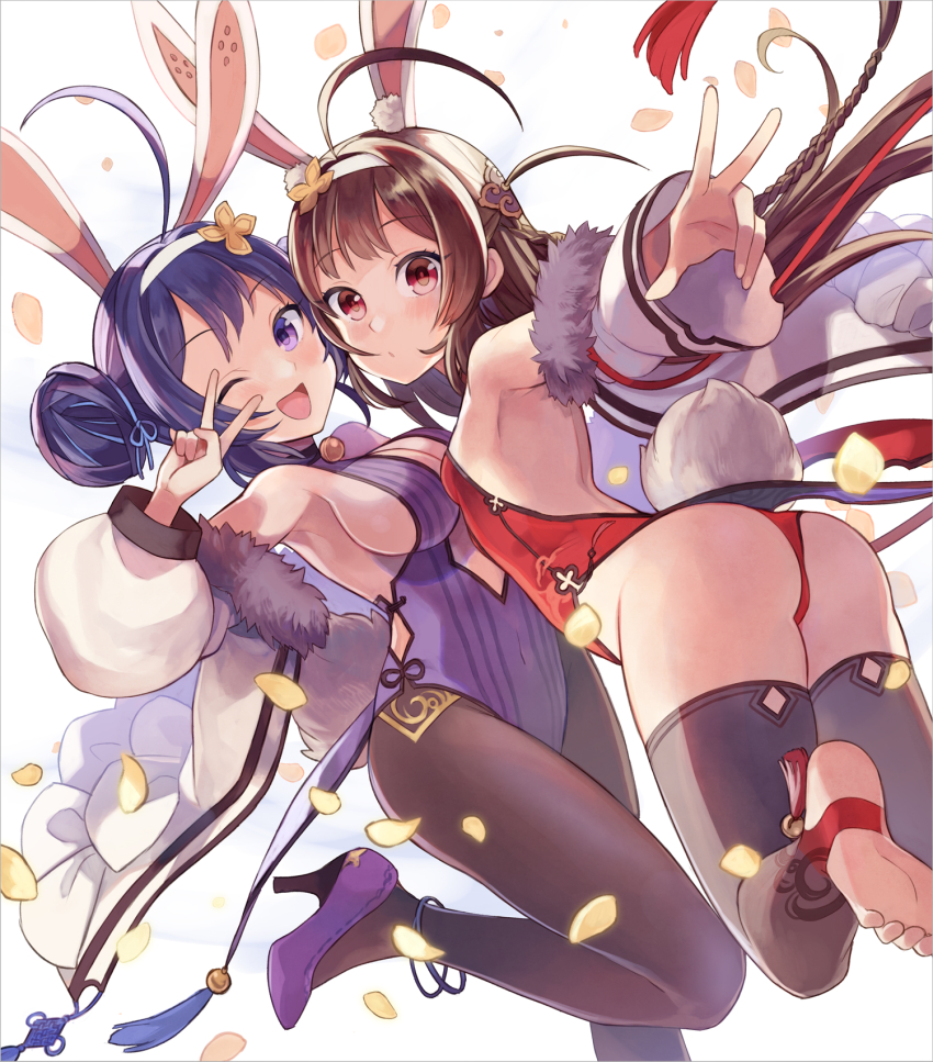 2girls, ;d, ahoge, animal_ears, anklet, armpits, ass, azur_lane, bare_shoulders, barefoot, blush, braid, breasts, brown_hair, brown_legwear, cleavage, cleavage_cutout, clothing_cutout, coat, covered_navel, double_bun, fake_animal_ears, fur-trimmed_coat, fur_trim, hair_bun, hairband, high_heels, highres, jewelry, leg_up, leotard, long_hair, long_sleeves, looking_at_viewer, medium_breasts, multiple_girls, ning_hai_(azur_lane), ning_hai_(moon_palace_rabbit)_(azur_lane), off_shoulder, one_eye_closed, open_clothes, open_coat, open_mouth, pantyhose, petals, ping_hai_(azur_lane), ping_hai_(osmanthus_moon_rabbit)_(azur_lane), playboy_bunny, purple_eyes, purple_footwear, purple_hair, purple_leotard, rabbit_ears, rabbit_tail, red_eyes, red_leotard, small_breasts, smile, soles, standing, standing_on_one_leg, stirrup_legwear, tail, tassel, thighhighs, toeless_legwear, v, v_over_eye, very_long_hair, white_coat, white_hairband, yuko_(uc_yuk)