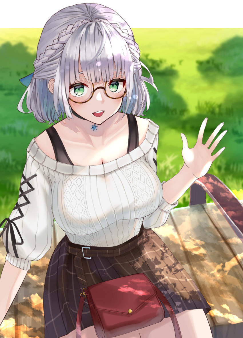 1girl, :d, absurdres, alternate_costume, arm_up, bench, black_ribbon, black_skirt