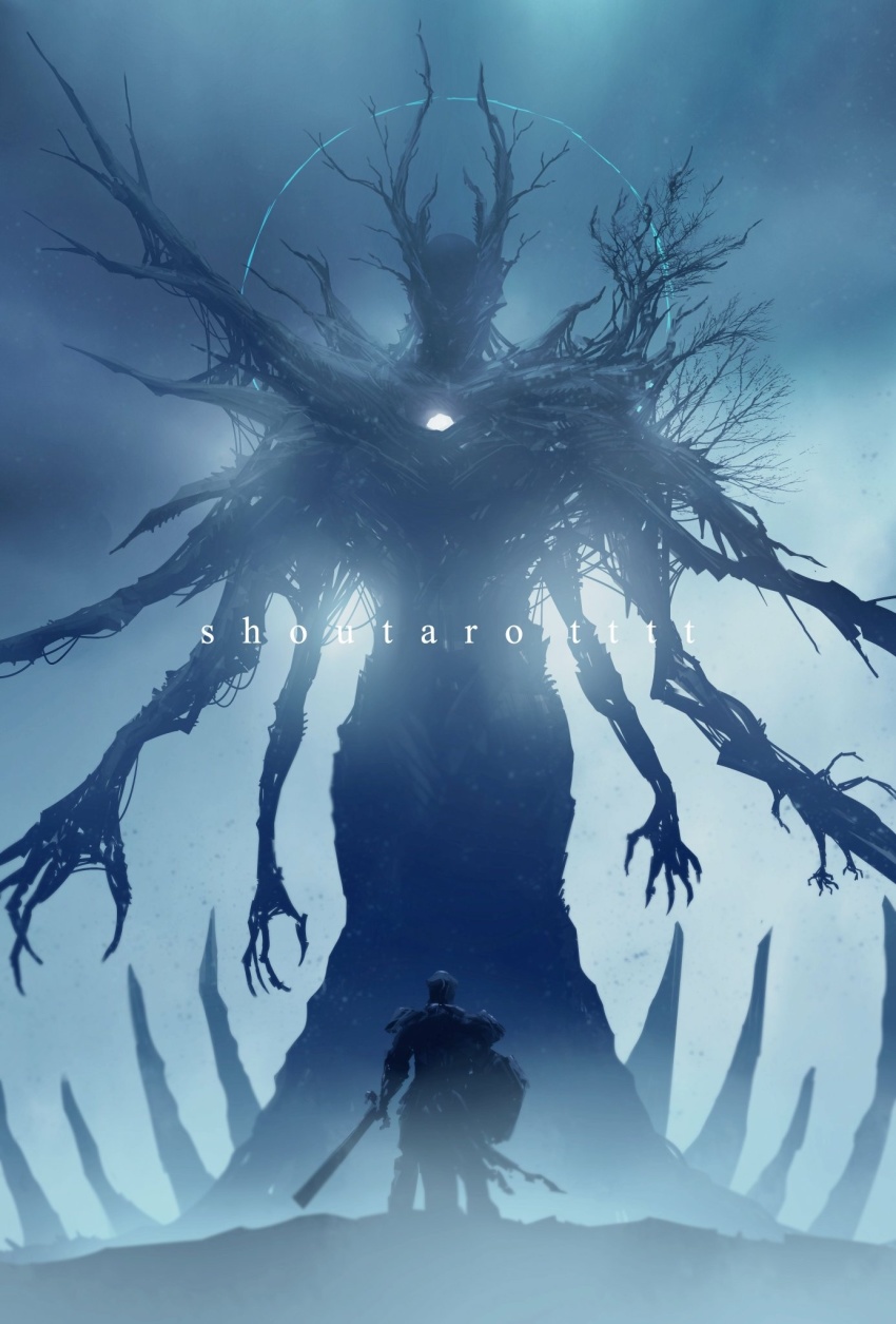 1other, ambiguous_gender, armor, artist_name, backlighting, blue_theme, commentary_request, eldritch_abomination