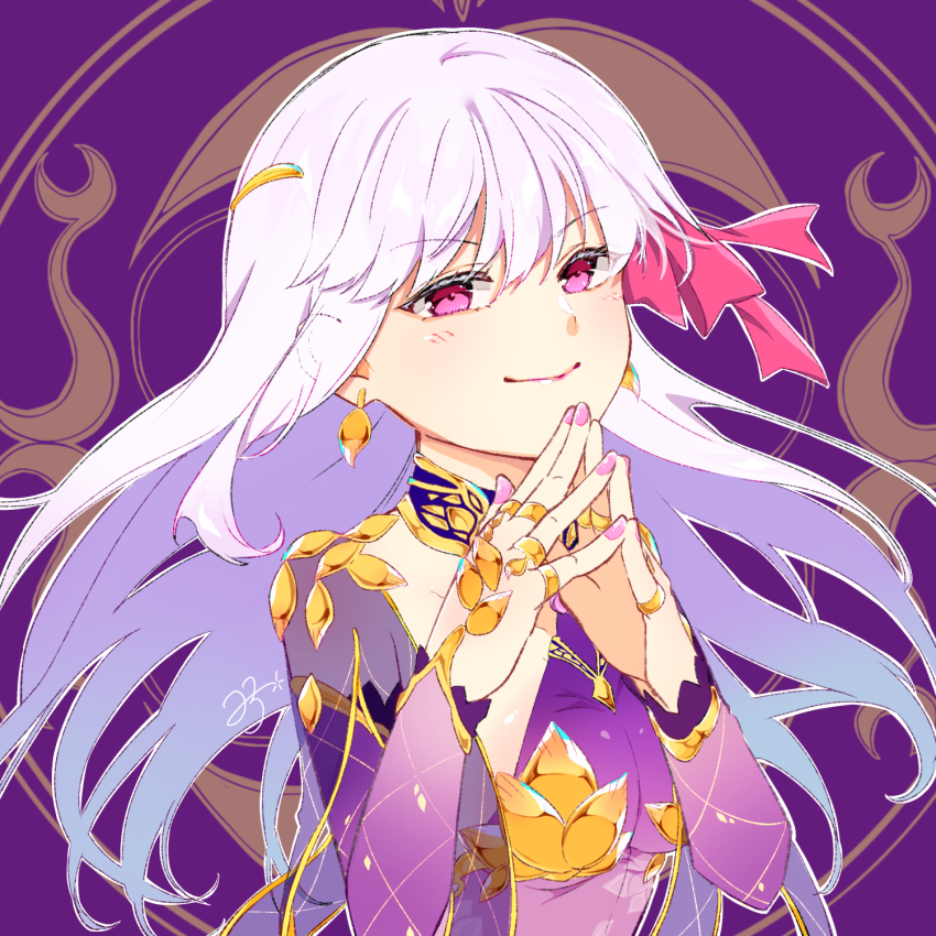 1girl, 23xxx, armlet, armor, bikini_armor, blush, bracelet, breasts, circlet, collar, detached_sleeves, dress, earrings, fate/grand_order, fate_(series), fingers_together, floral_print, hair_ribbon, highres, jewelry, kama_(assassin)_(second_ascension)_(fate), kama_(fate), kama_(second_ascension)_(fate), kama_(teenager)_(fate), long_hair, looking_at_viewer, medium_breasts, metal_collar, nail_polish, pink_eyes, pink_ribbon, purple_background, purple_dress, purple_sleeves, ribbon, ring, silver_hair, smile, solo