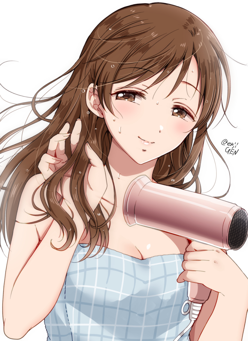 1girl, breasts, brown_eyes, brown_hair, cleavage, closed_mouth, collarbone, drying_hair