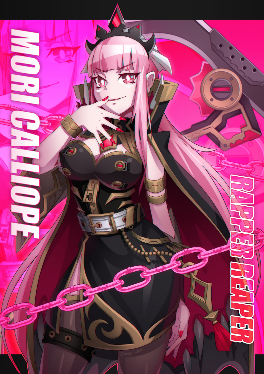 1girl, absurdres, breasts, bright_pupils, chain, character_name, crossover, crown