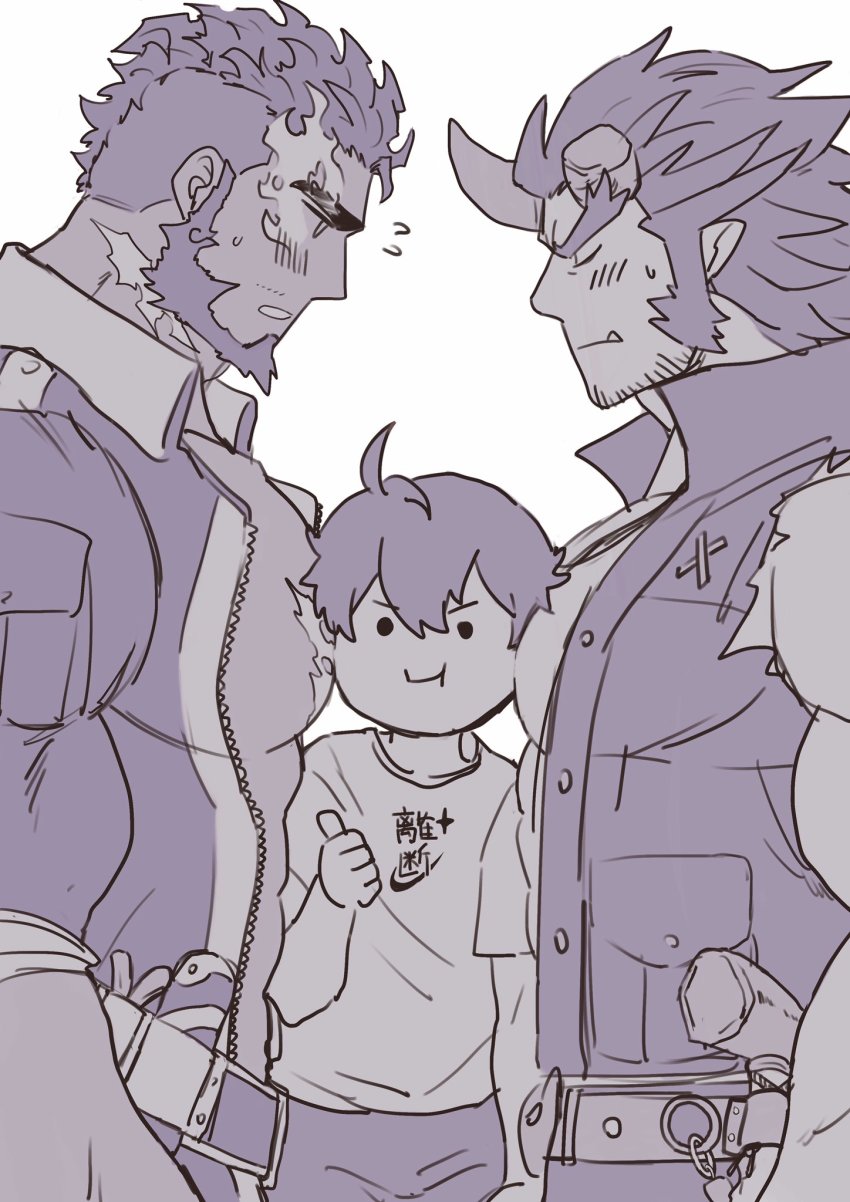 1hao_(@cerbero64), 3boys, abs, bara, bare_pectorals, beard, between_pecs, between_pectorals