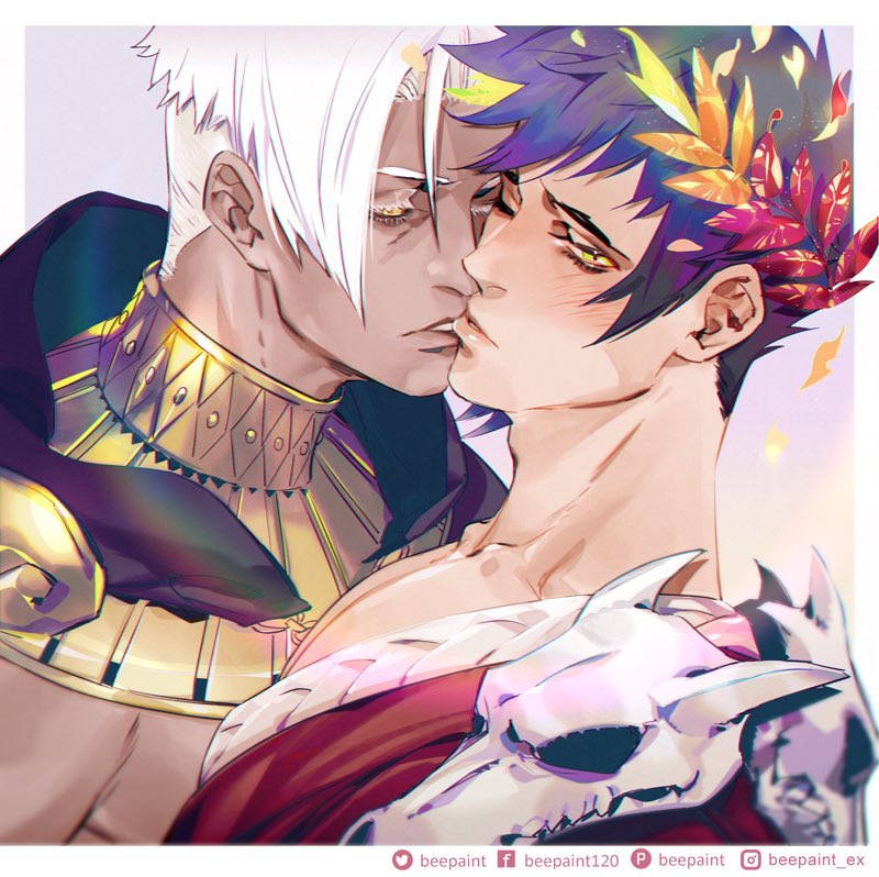 2boys, ancient_greek_clothes, beepaint, black_hair, blush, close-up, collarbone, dark-skinned_male