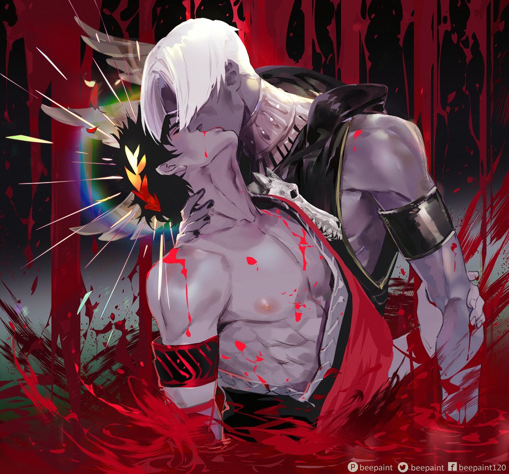 2boys, abs, ancient_greek_clothes, armlet, beepaint, black_hair, blood, blood_on_clothes, blood_splatter, collarbone, dark-skinned_male, dark_skin, greco-roman_clothes, green_eyes, hades_(series), hades_1, jewelry, kiss, laurel_crown, male_focus, multiple_boys, muscular, nipples, pectorals, rainbow, single_bare_shoulder, smile, spiked_hair, stylized_blood, thanatos_(hades), toned, toned_male, white_hair, yaoi, zagreus_(hades)