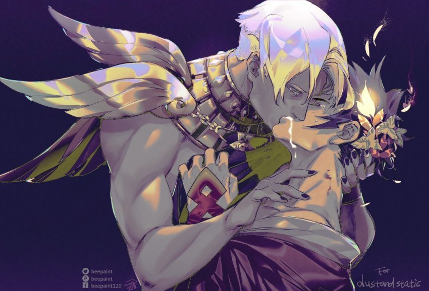 2boys, ancient_greek_clothes, beepaint, black_hair, black_nails, blue_theme, collarbone, dark-skinned_male