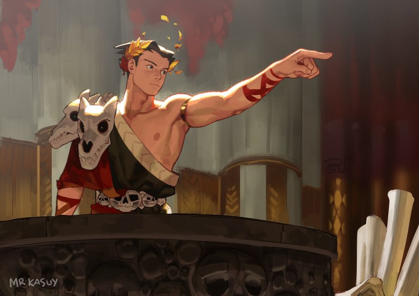 1boy, ace_attorney, ancient_greek_clothes, bare_pectorals, black_hair, collar, collarbone, cosplay, greco-roman_clothes, hades_(series), hades_1, highres, large_pectorals, laurel_crown, male_focus, mr_kasuy, multiple_boys, nipples, objection, pectorals, phoenix_wright, short_hair, single_bare_shoulder, skull, solo, spiked_hair, toned, toned_male, zagreus_(hades), zagreus_(hades)_(cosplay)
