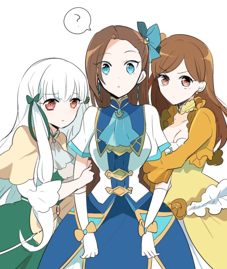 3girls, :o, ?, arm_grab, ascot, asymmetrical_bangs, bad_id, bad_twitter_id