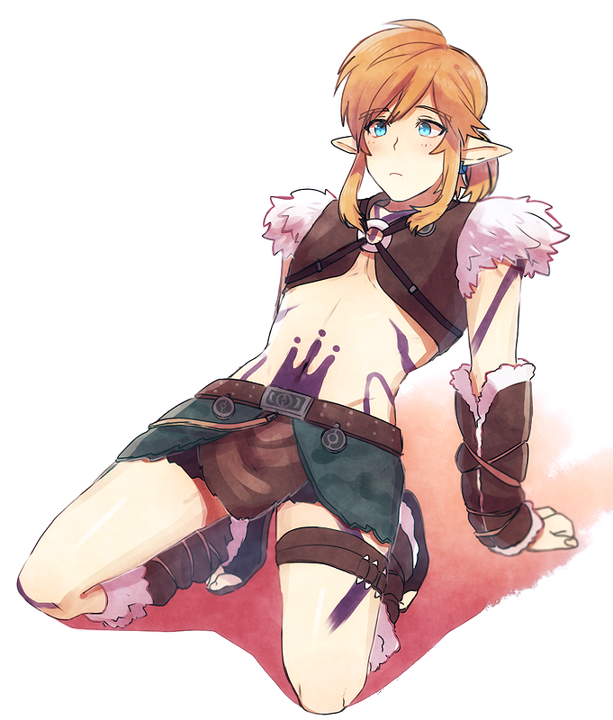 1boy, arm_support, barbarian_set_(zelda), belt, black_skirt, blonde_hair, blue_eyes, boots