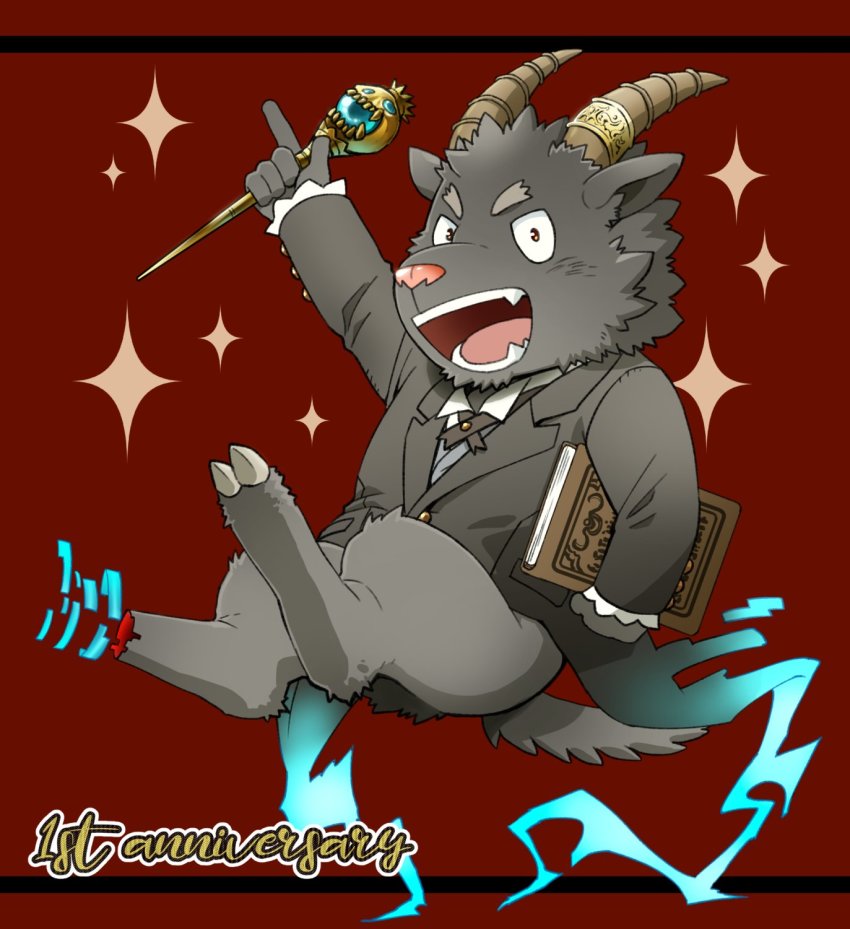 1boy, book, carrying, carrying_under_arm, creature, ezaki_papiko, formal_clothes, full_body, furry, furry_male, goat_boy, goat_tail, grey_fur, highres, holding, holding_book, holding_staff, horns, male_focus, salomon_(housamo), salomon_(tokyo_after_school_summoners), short_hair, solo, sparkle, staff, suit, tail, tokyo_houkago_summoners