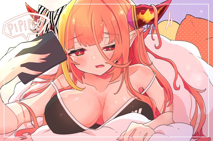 1girl, adidas, alarm_clock, alternate_costume, bed_sheet, blanket, border, bow, breasts, breasts_apart, breasts_day, cleavage, clock, collarbone, day, diagonal-striped_bow, fingernails, hair_flowing_over, half-closed_eyes, hand_up, highres, hololive, horn_bow, horn_ornament, horns, huge_breasts, kiryu_coco, long_hair, looking_at_clock, lying, messy_hair, morning, multicolored_hair, on_stomach, open_mouth, orange_hair, pillow, pointy_ears, red_eyes, sakuramochi_(sakura_frappe), shirt, sleeveless, sleeveless_shirt, solo, spaghetti_strap, streaked_hair, striped_bow, sunlight, under_covers, very_long_hair, virtual_youtuber, waking_up, white_border