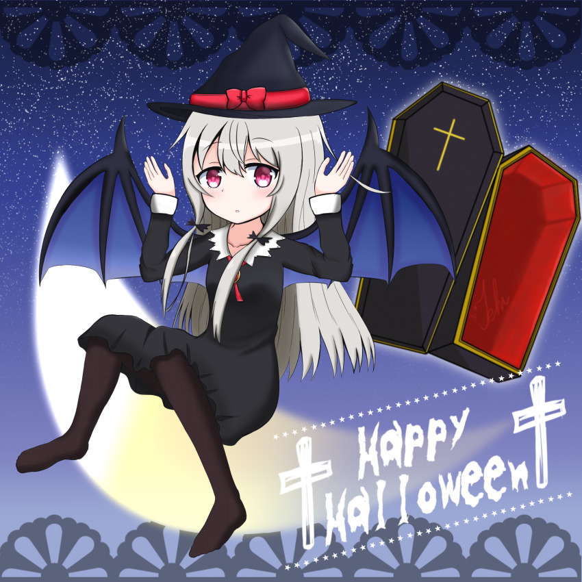 1girl, bat_wings, black_dress, black_hat, black_pantyhose, breasts, coffin, collarbone, cross, dress, floating, gem, grey_hair, halloween, hat, highres, kanna_shizuku, long_hair, long_sleeves, looking_at_viewer, moon, night, open_mouth, pantyhose, pink_eyes, sitting, sky, small_breasts, sophie_twilight, star_(sky), starry_sky, tonari_no_kyuuketsuki-san, vampire, wings, witch, witch_hat