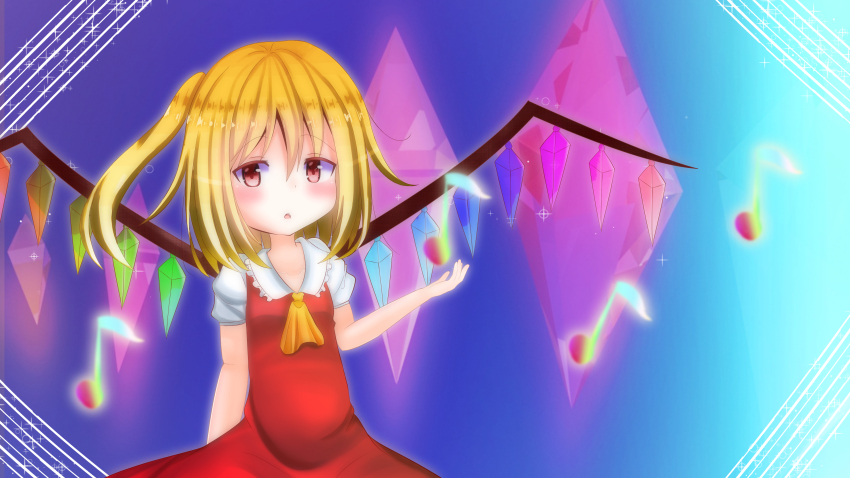 1girl, absurdres, ascot, blonde_hair, blue_background, blush, breasts, collarbone