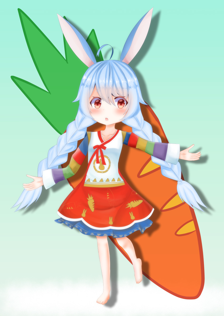 1girl, absurdres, animal_ears, animal_print, barefoot, blue_background, blue_hair, blush