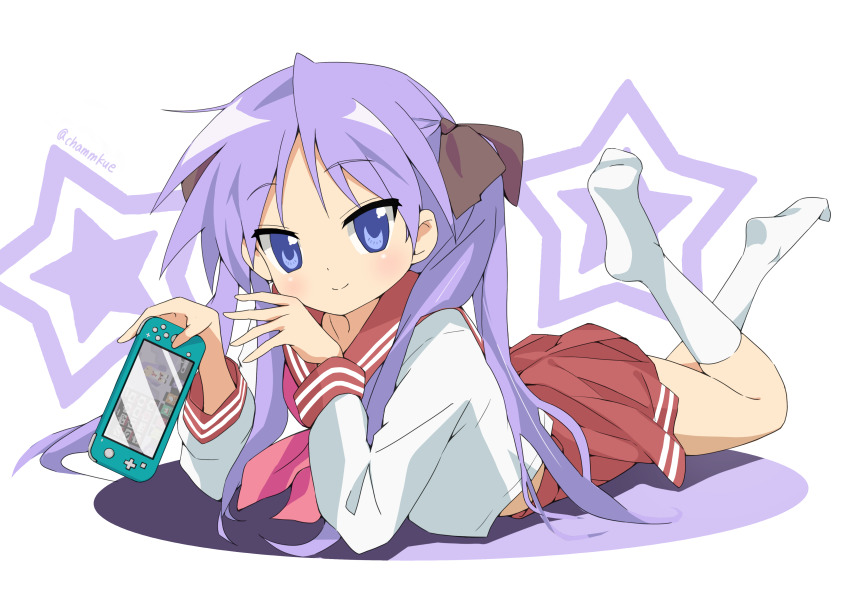 1girl, absurdres, anachronism, brown_ribbon, chamu_(chammkue), closed_mouth, hair_ribbon, handheld_game_console