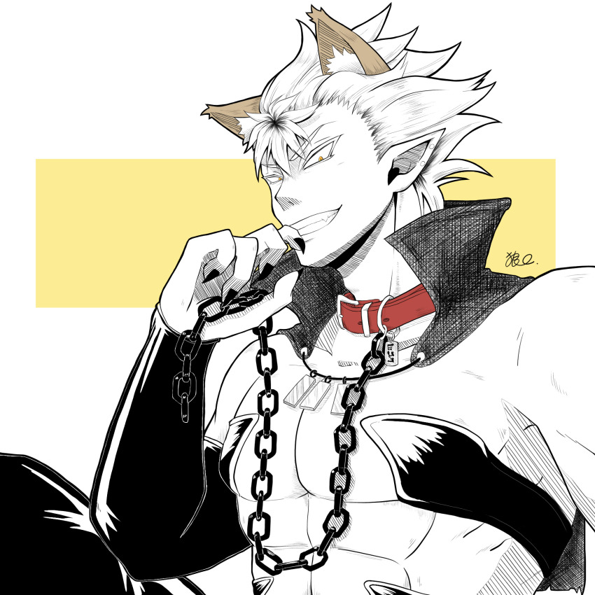 1boy, animal_ears, bara, black_nails, chain, collar, highres, inumaruku_cafe