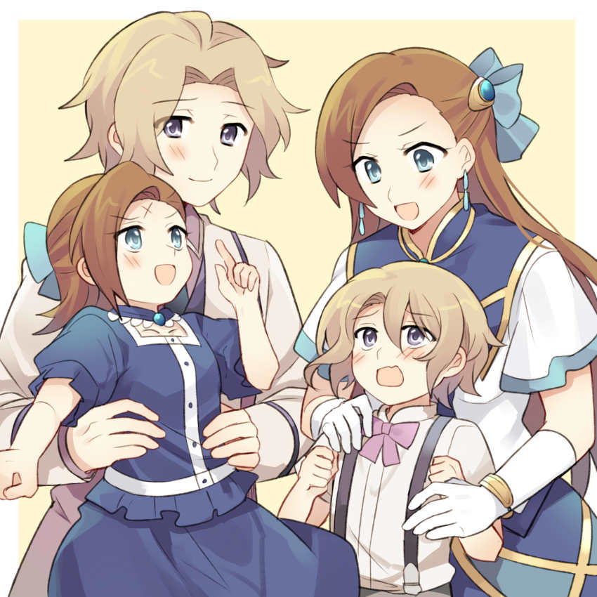 2boys, 2girls, :d, aqua_eyes, asymmetrical_bangs, black_neckwear, blazer, blue_bow, blue_dress, blue_eyes, blush, bow, bowtie, brother_and_sister, brown_hair, dress, dress_shirt, dual_persona, frilled_dress, frilled_sleeves, frills, hair_bow, hair_ornament, hand_on_another's_shoulder, high_collar, highres, holding_hands, holding_person, index_finger_raised, jacket, katarina_claes, keith_claes, light_brown_hair, long_hair, long_sleeves, looking_at_another, mamibakuhatu, medium_hair, multiple_boys, multiple_girls, necktie, open_mouth, otome_game_no_hametsu_flag_shika_nai_akuyaku_reijou_ni_tensei_shite_shimatta, outside_border, puffy_short_sleeves, puffy_sleeves, purple_neckwear, purple_shirt, scar, scar_on_face, scar_on_forehead, shirt, short_hair, short_sleeves, siblings, smile, standing, step-siblings, suspenders, time_paradox, white_jacket, white_shirt, yellow_background