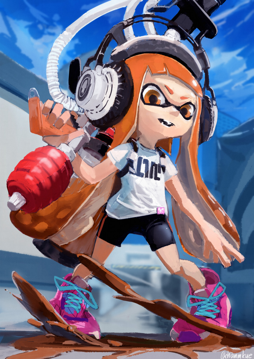 1girl, absurdres, bike_shorts, blue_sky, chamu_(chammkue), cloud, day, goo_tuber_(splatoon)