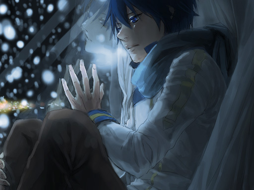 1boy, bad_id, bad_piapro_id, blue_eyes, blue_hair, blue_scarf, hand_on_window, kaito_(vocaloid)